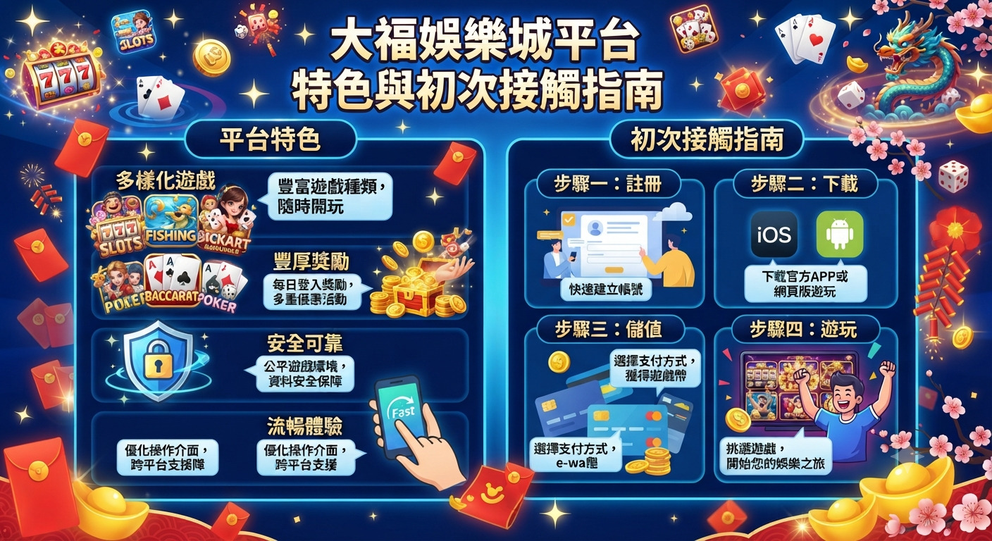 這張圖片展示了大福娛樂城平台的特色與初次接觸指南。 上方標題為大福娛樂城平台特色與初次接觸指南,下方以圖文並茂的方式列出平台特點與遊玩步驟。
