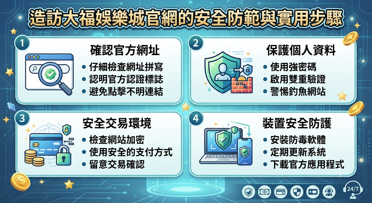 這是一張介紹造訪娛樂城官網安全防範與實用步驟的資訊圖表。 畫面包含四個核心安全步驟,並以清晰的圖示與標題呈現。